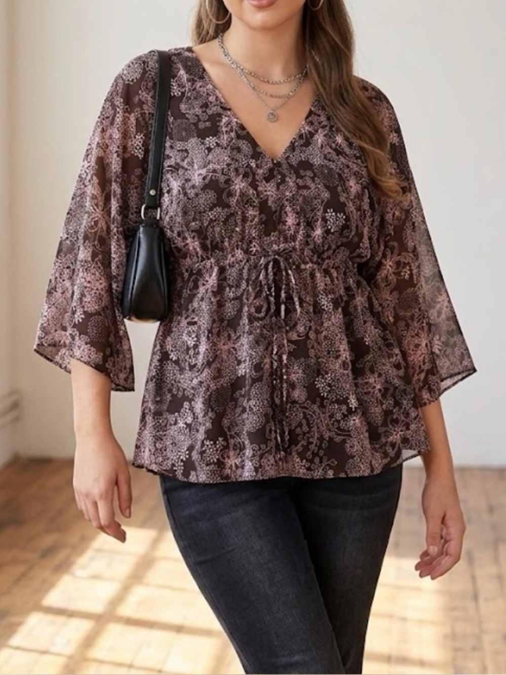 Notations Brown Top with Pale Pink Floral Trim